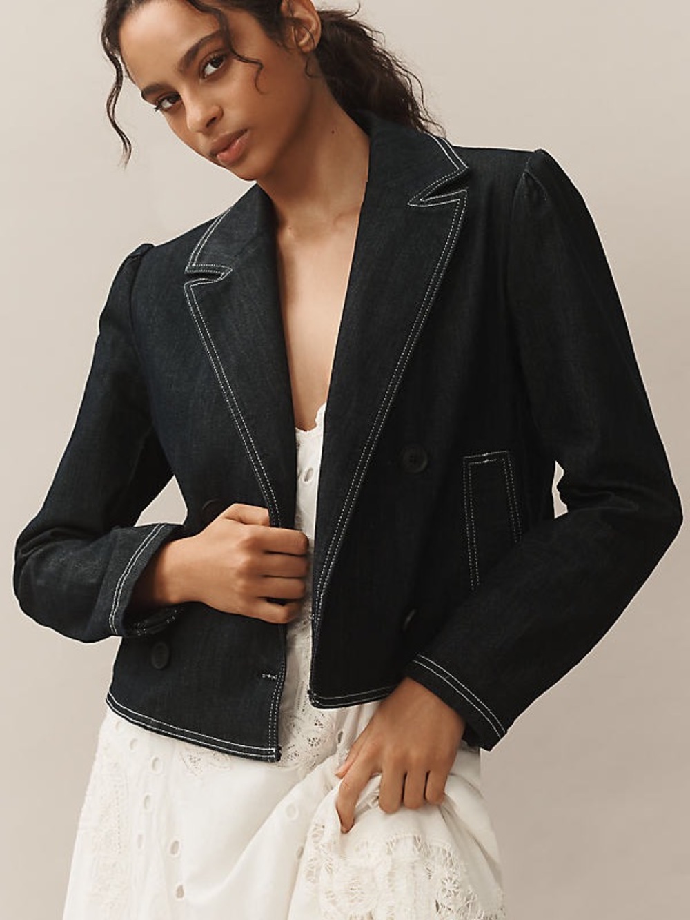 Maeve Boxy Rsed Denim Blazer Jacket in Blue Size XS